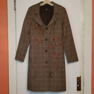 New York & Co. Light Brown Plaid Embroidered Coat